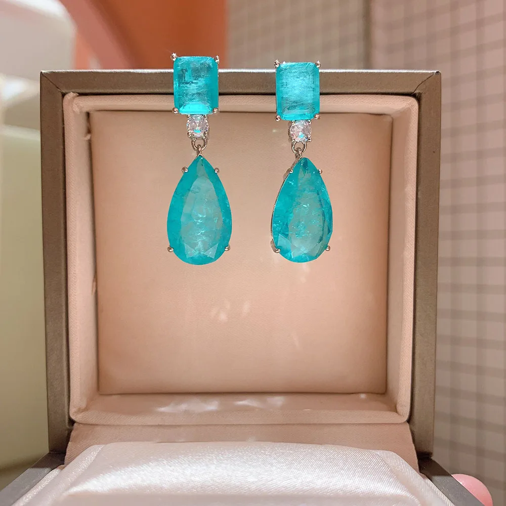 2021 Trend Paraiba Tourmaline Emerald Gemstone Big Drop Earrings for Women Cocktail Party Fine Jewelry Anniversary Female Gift