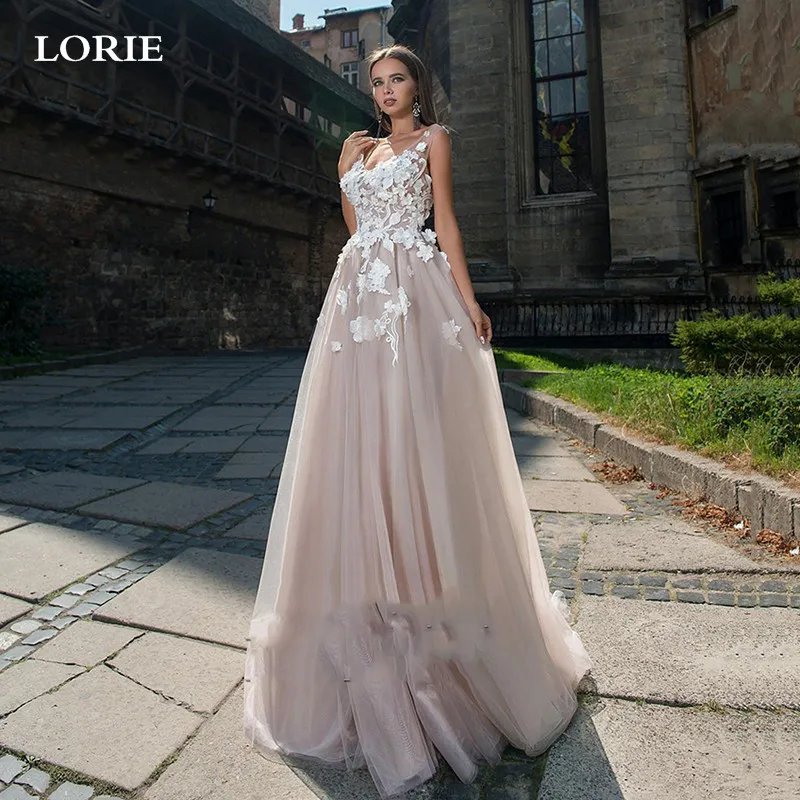 

LORIE Lace Flowers Wedding Dress Deep V Neck Sleeveless Boho Wedding Gowns Vestido De Novia Train Bride Dresses Custom Made