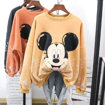 

2020 Spring and Winter Plus Velvet Shirt Women's Round Collar Loose Sweatshirt Student Big Size Cartoon Snowflake Mickey Hoodies