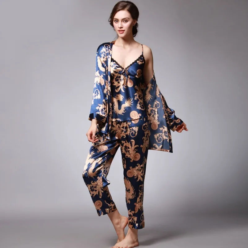 

Three-piece pajama set pyjamas women Satin silk Print pajama Sleep pants Nightgown Casual fashion Tracksuit Spring Summer 2020