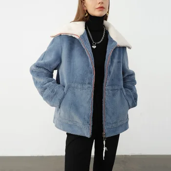 

Winter women's jacket casual solid color lapel long sleeve pocket decoration loose plush jacket