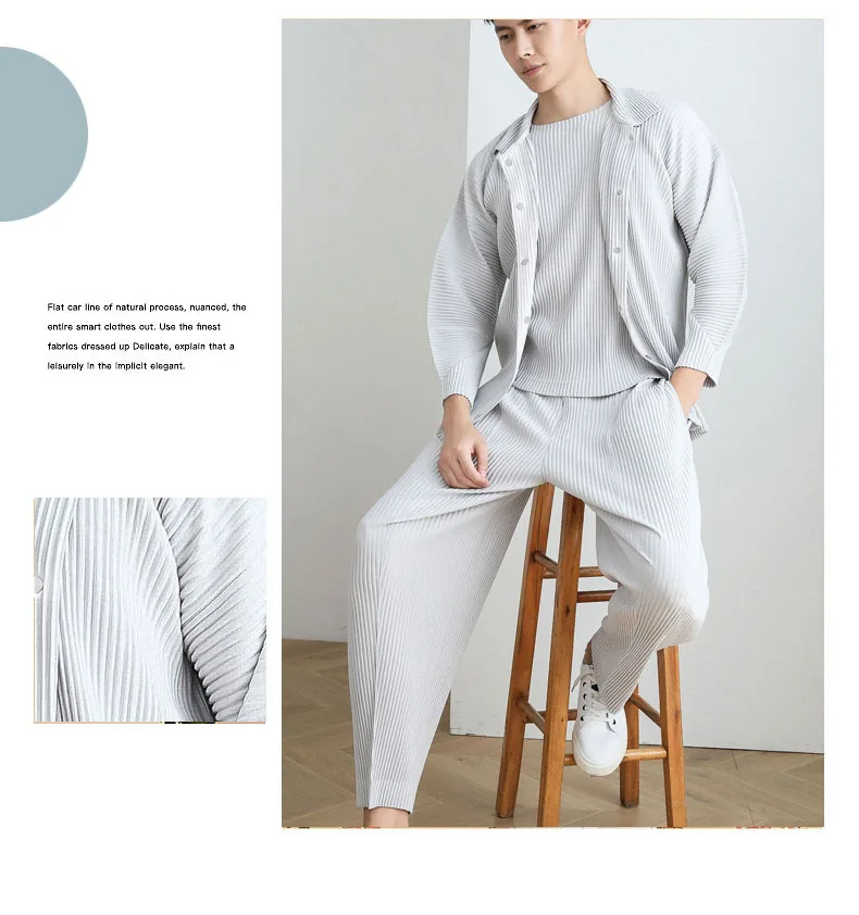 

HOT SELLING Miyake fold Style men CASUAL long sleeve small turndown collar Single-breasted soild coat IN STOCK