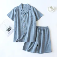 Summer new couple pajamas two-piece men's plaid short-sleeved shorts 100% cotton gauze ladies simple home service set sleepwear - Image 3