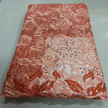 

2020 French Sequins Tulle Lace Fabric sequins peach High Quality African Lace Fabric Nigerian Mesh Lace Fabrics For Dress
