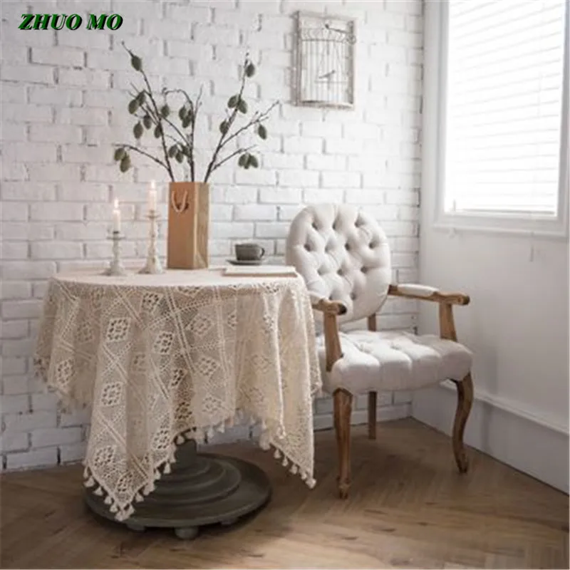 

Tassel Table Cloth Pastoral handmade crochet Cotton woven openwork Lace Tablecloth Dining Table Cover For Kitchen Home Decor