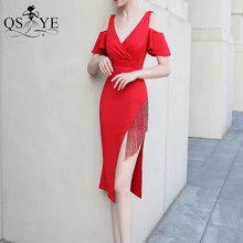 

Red Short Evening Dresses Plugging V Neck Sheath Prom Gown Beading Tassel Side Sleeves Formal Dress Stretch Slit Party Dress