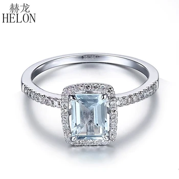 

HELON Solid 14K White Gold AU585 Emerald Cut 1ct Natural Aquamarine Diamonds Engagement Wedding Gemstone Women Fine Jewelry Ring