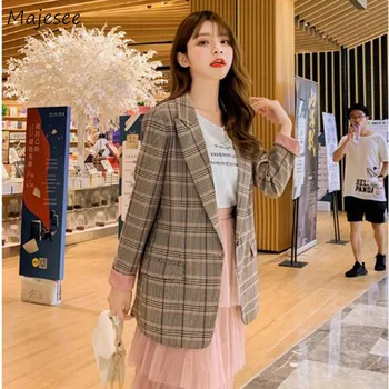 

Blazers Women Vintage Plaid Elegant Single Button All-match Simple Casual Ladies Daily Womens Korean Style Chic Outwear Females