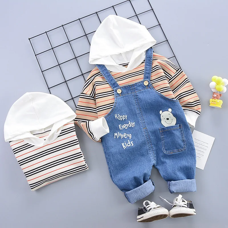 

2020 Spring And Autumn Two-piece for Boys Children Fashion Stripes Hoodie Cowboy Suspender Pants Suit 1-3-Year-Old