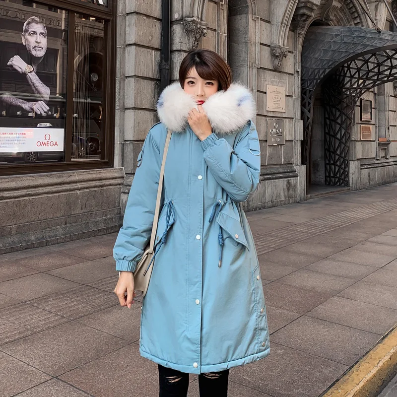 Пуховик с меховым воротником женские зимние куртки пальто толстая хлопковая теплая Длинная тонкая куртка женская верхняя одежда парки Большие размеры - Цвет: Синий