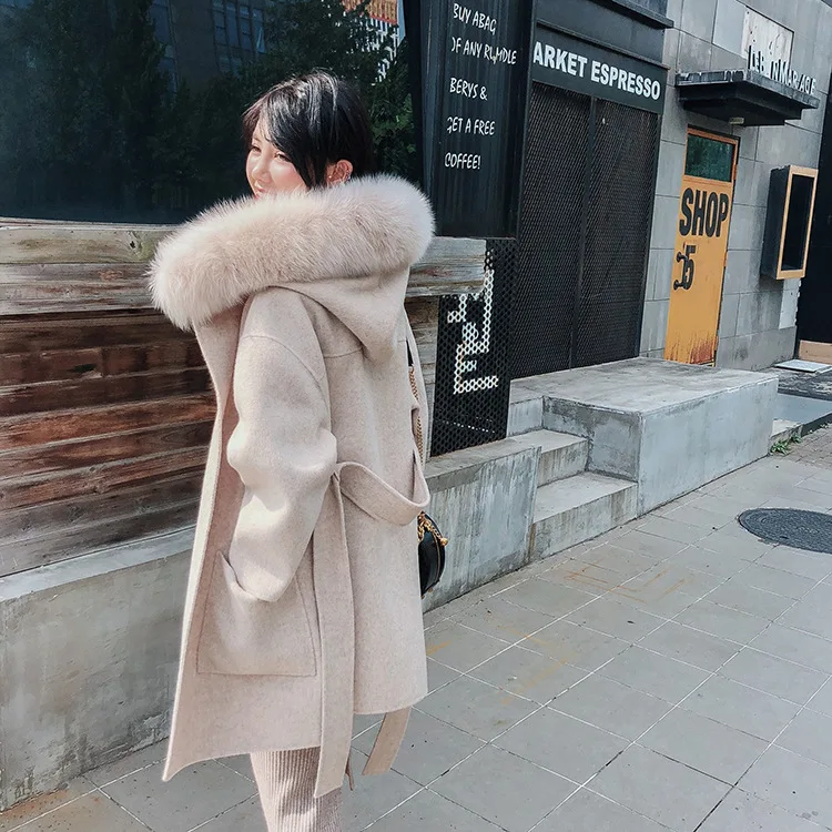 Роскошное двустороннее шерстяное кашемировое пальто с лисьим воротником; шерстяное пальто; сезон осень-зима года; женские пальто с капюшоном