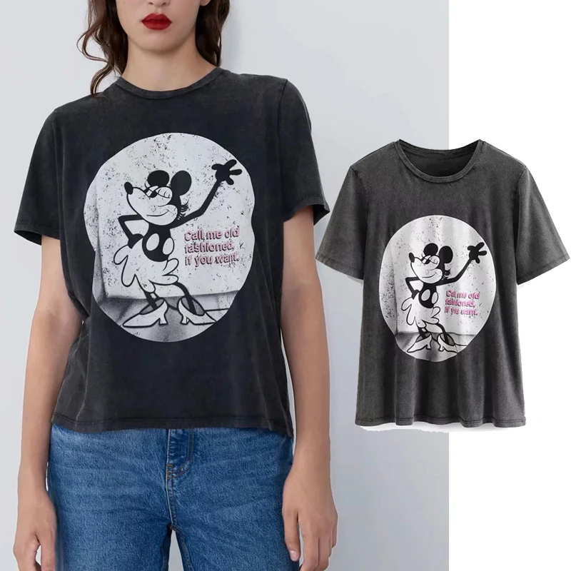 

Summer 2019 Fashion Black T Shirt O-neck Women Clothes Print Clothes Mickey Regular tops Graphic Shirt Streetwear Cotton Tee