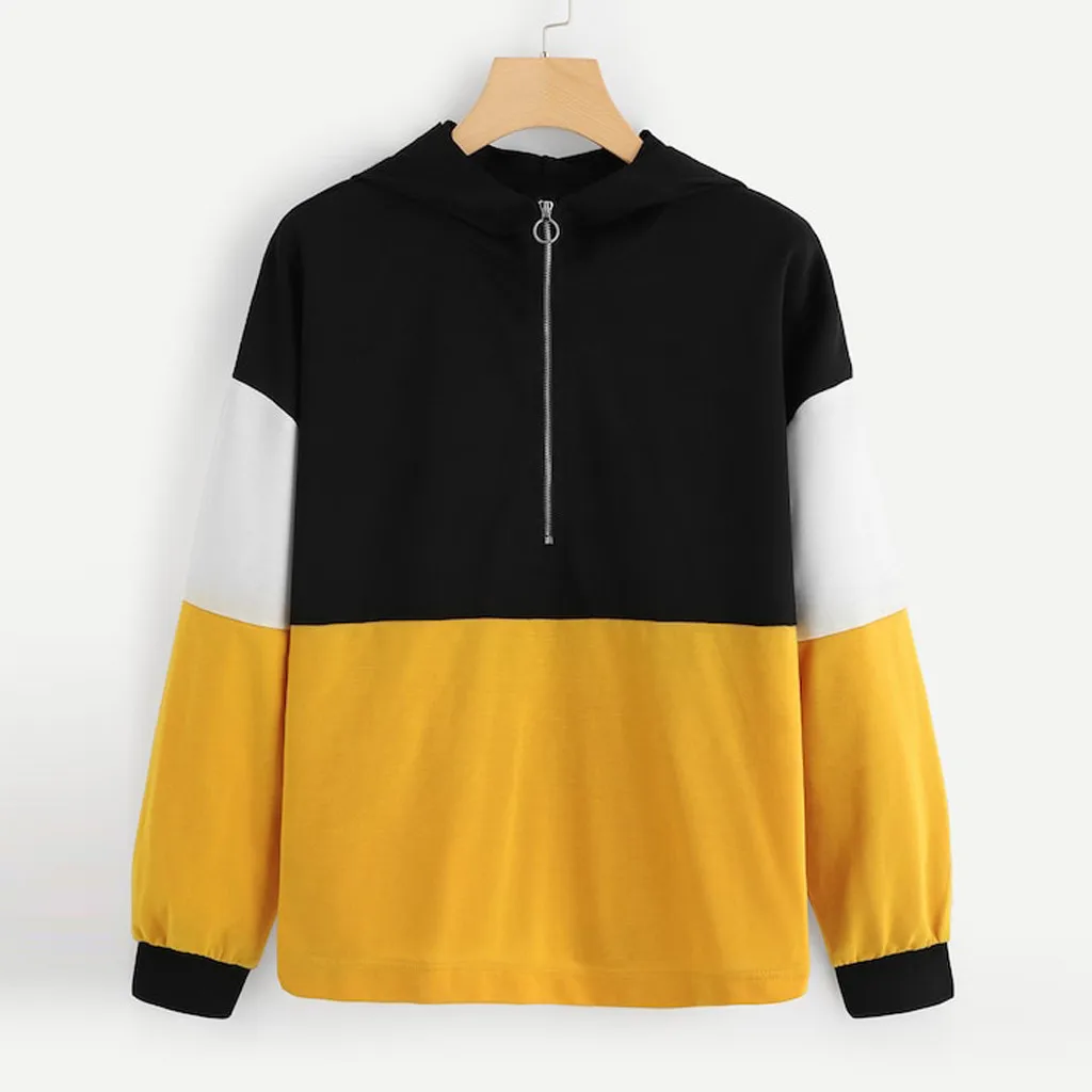 JAYCOSIN Fashion Women Zipper Hoodie Color Block Sweatshirt Casual Simple Loose O-Neck Comfortable Soft Jumper Blouse