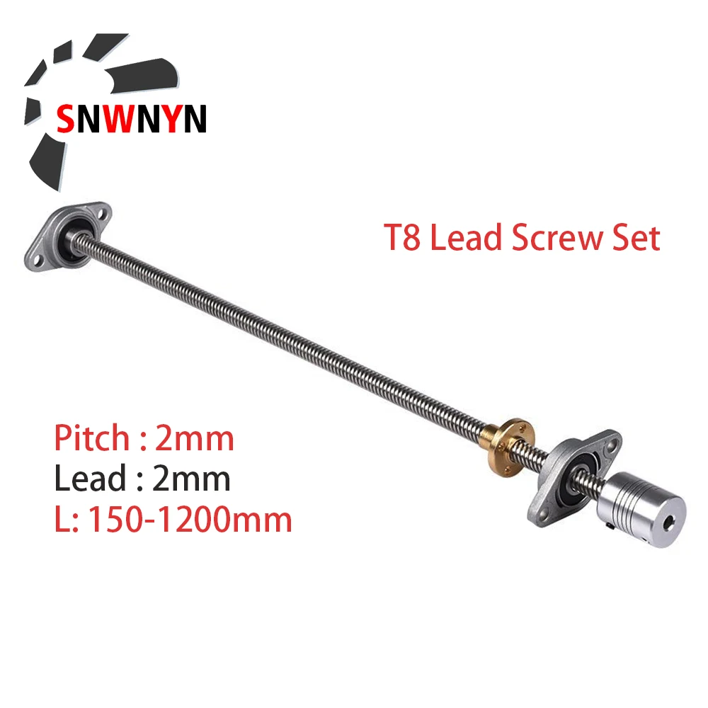 

T8 Lead Screw Set Lead 2mm Length 150 200 250 300 400 500 600 1200mm+Brass Nut+Coupling D19L25 5*8mm+2Pcs KFL08 Bearing Bracket