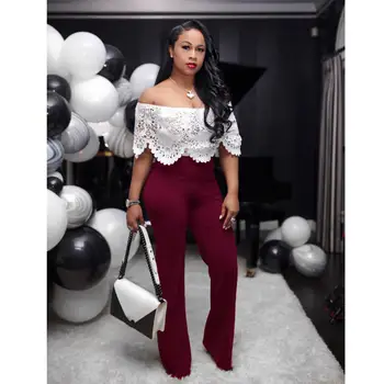 

Women Fashion Off Shoulder Loose Jumpsuit Sexy White Flower Lace Flare Overalls High Waist Romper