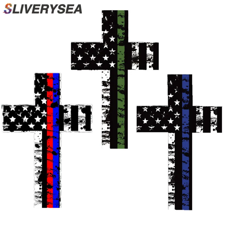 

SLIVERYSEA 5*3.3 inch Car Styling Thin Blue Red Green Line Cross Christ Stickers Vinyl JDM Car Stickers and Decals