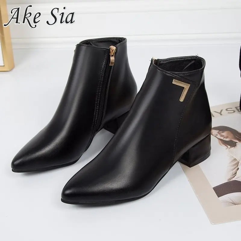 

Ladies Boots Solid Color Pointed Thick Short Simple Slip-On Square Heel Large Size Autumn Winter Ankle Boots For Women boot