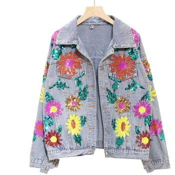 

QING MO Blue Women Sequin Jacket 2020 Women Flower Printed Coat Female Casual Loose Outwear Denim Top ZQY2826