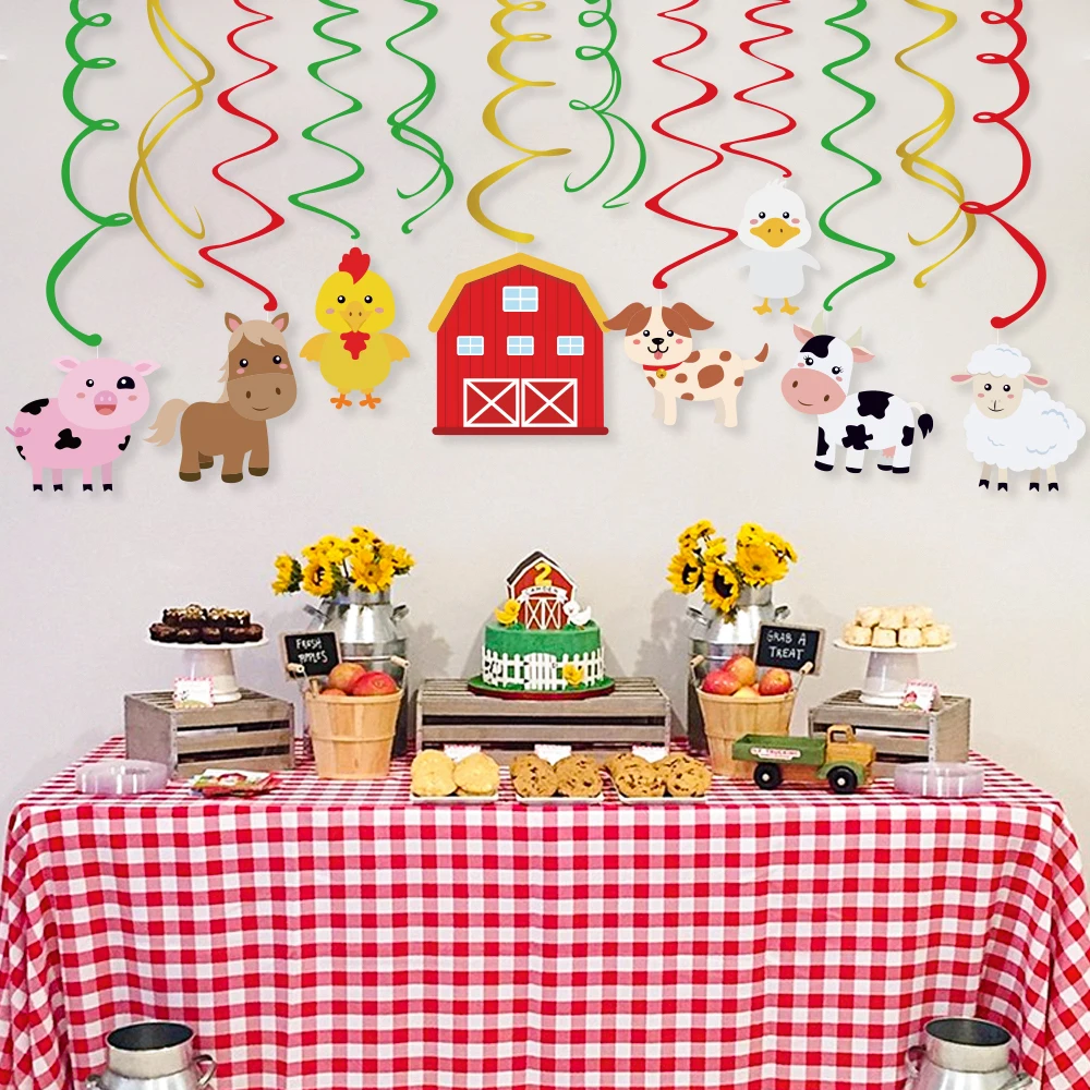 Farm Animals PVC Spiral Hanging Swirls Party Decorations Paper Plate Cup Napkin Cow Pig Cards Kid Birthday Party Favors Supplies