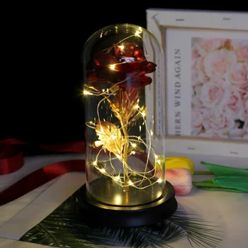 

Gold Foil Artificial Rose Flower With LED Light String In Glass Dome On Wooden Base The Best Valentine's Day Gift For Women Girl