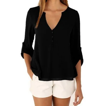 

Fashion Casual Sexy Deep V Neck Button Slim Waist Long Sleeves Chiffon Blouse