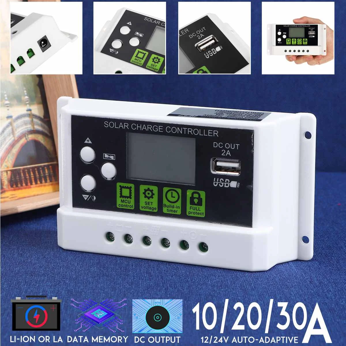 

10A 20A 30A 12V/24V PWM Solar Panel Charge Controller Li-ion & Lead Acid Battery Charger USB LCD Display