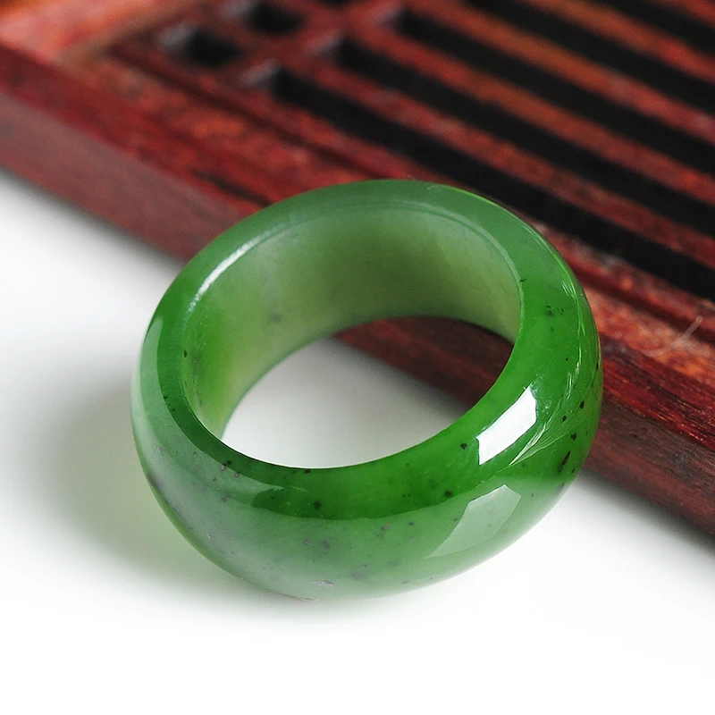 

Natural spinach Green jasper ring with black dots men and women genuine and Hetian jade ring and Gold Hand Ribbon