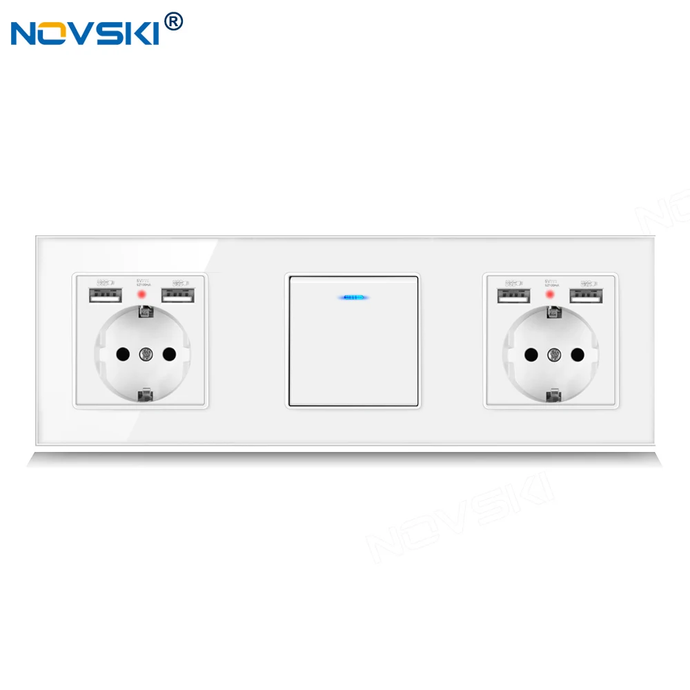 

258 EU Standard DIY Triple Frame Switch Socket, Schuko Plug Type, 2.1A Dual USB Charging Outlet, German Bayer Base, White