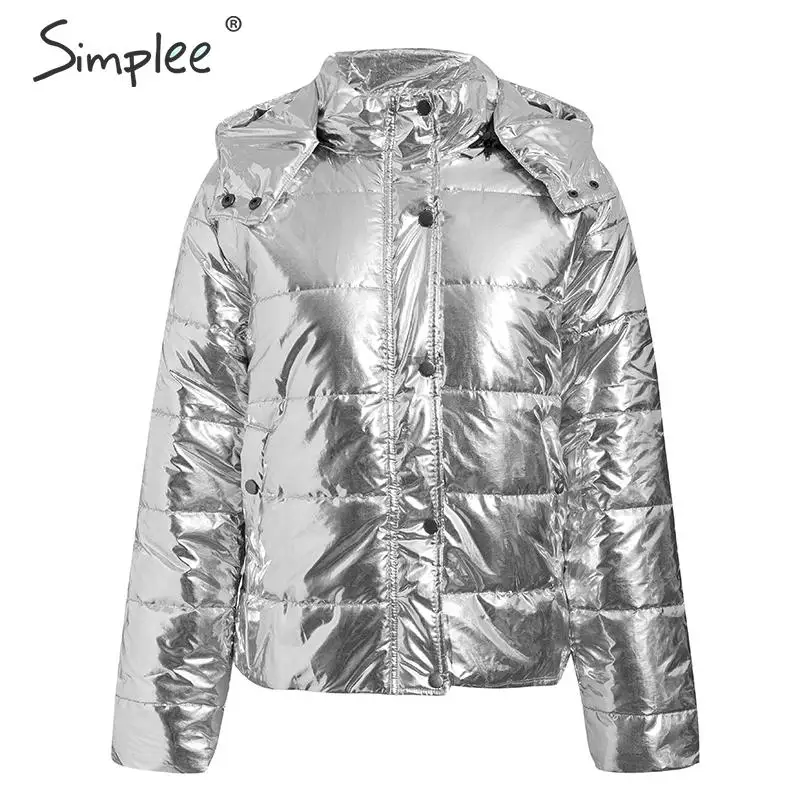 Simplee Fashion женскoе теплoе курткa зимняя Карманы на молнии с капюшоном женский ватник Толстые негабаритные женскoе теплые курткa - Цвет: Серебристый