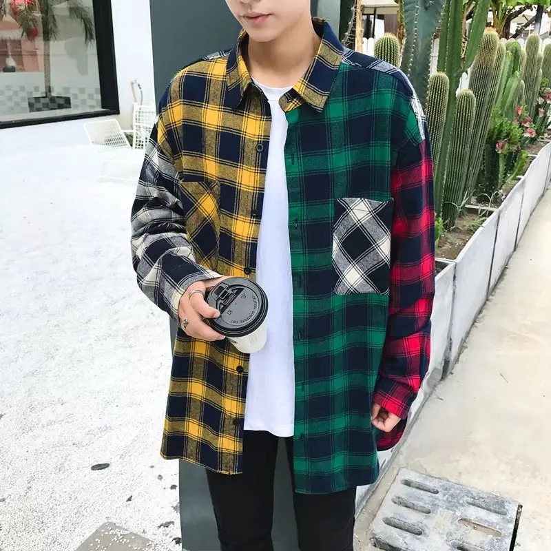 

Korean Style Shirts Men Blouse Block Hit Color Hip Hop Clothes Loose Streetwear Tops Mens Shirt And Blouses Long Sleeve Clothing