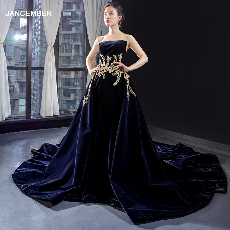 

J66680 jancember темно-синее вечернее платье 2019 сексуальное без бретелек с вырезом лодочкой без спинки вечернее платье с поясом vestido longo festa