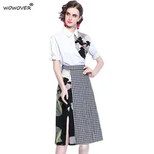 

Elegant Ladies White Two Piece Outfits Summer Office Suits Fashion Designer Print Blouse with Plaid Skirt Set for Women