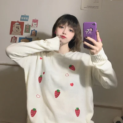 Повседневный свитер с вышивкой клубники, женские свитера, японский стиль Kawaii Ulzzang, Женская Корейская одежда Harajuku, милая одежда для женщин - Цвет: Белый