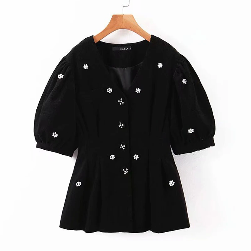 

Women Pearls Beading V Neck Tops Corduroy Lantern Sleeve Slim Vintage Elegant Ladies Clothing Fashion Single Breasted Top Shirts