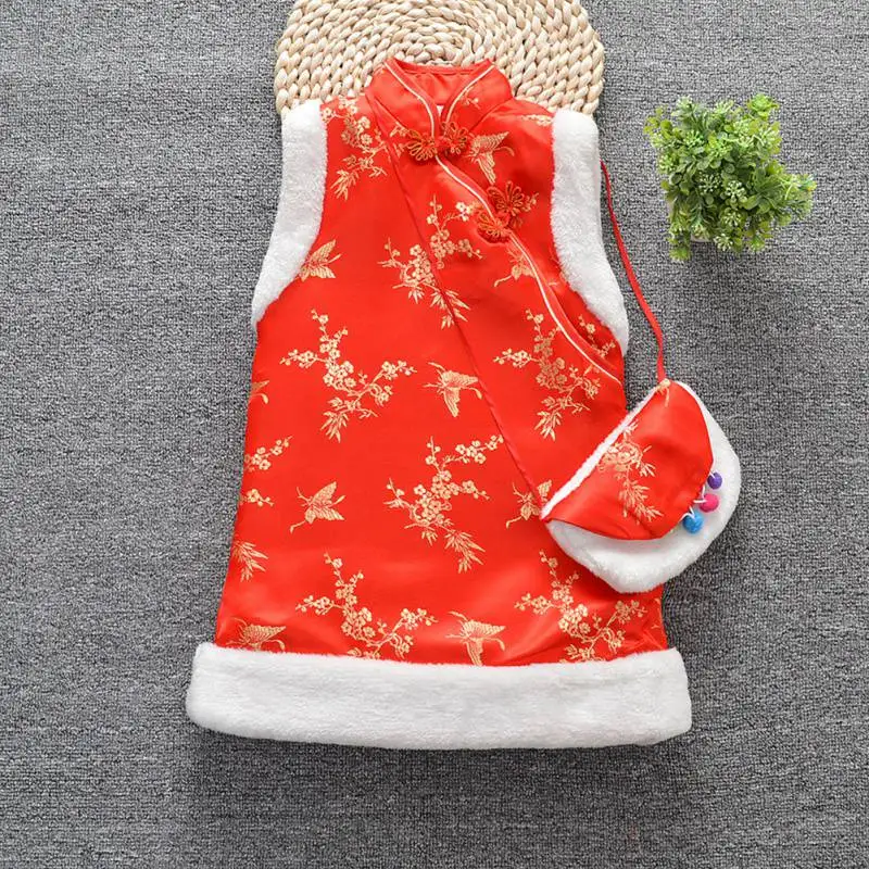 Весенние платья для девочек; сумка; детское китайское платье Ципао; подарок на год; детская праздничная одежда для девочек; костюм Ципао для маленьких девочек