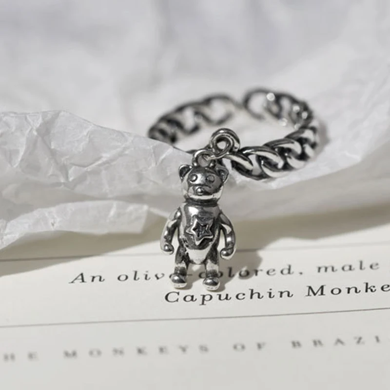 Милое кольцо с подвеской в виде медведя, 925 пробы, серебряная грубая цепочка, кольцо с подвеской в виде животного, античное серебряное кольцо с пентаграммой, элегантное женское кольцо