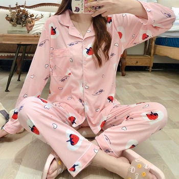 

2020 Autumn Women's Pajamas Sets Cute Print Fashion Luxury Female Cotton Shirts+Pants Two Pieces Suit Night Sleepwear