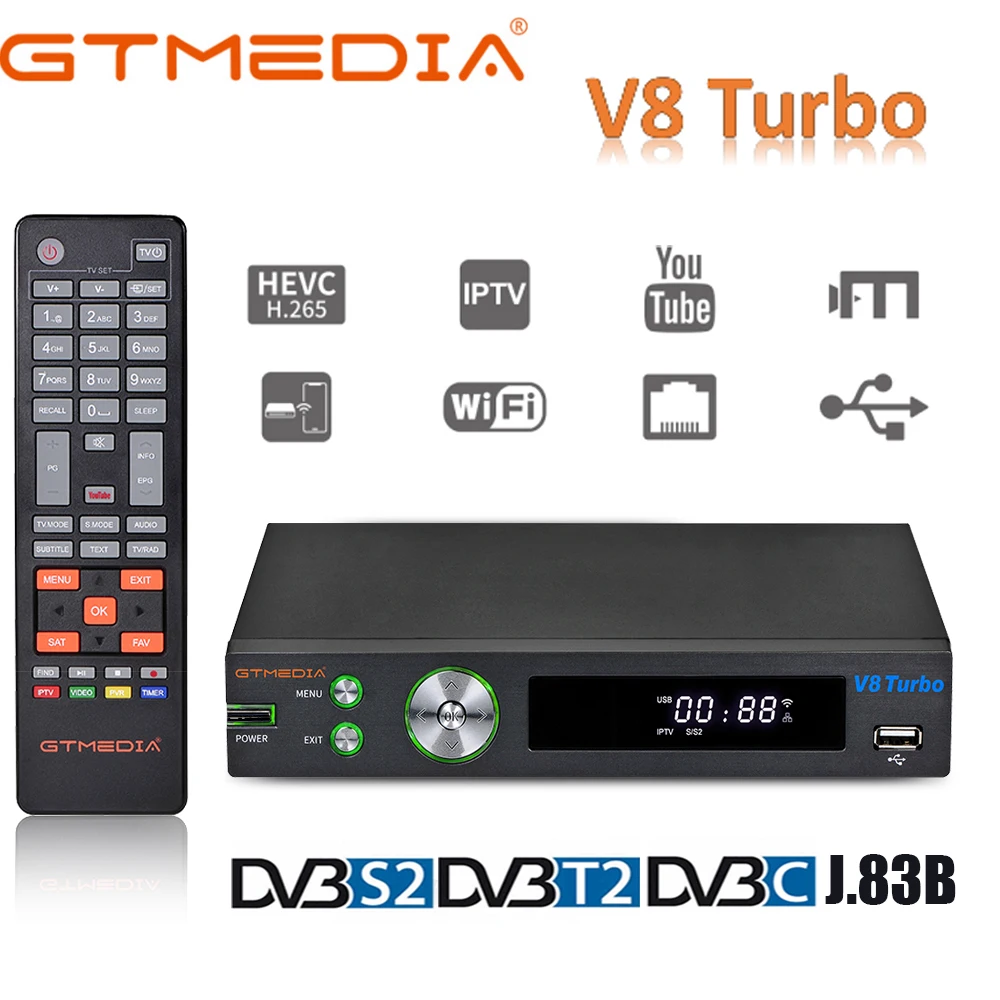 New Spain satellite tv box GTMEDIA V8 Turbo DVB-S/S2/S2X+T/T2/Cable/J.83B supports auto roll Full PowerVu DRE &ampBiss key decoder |