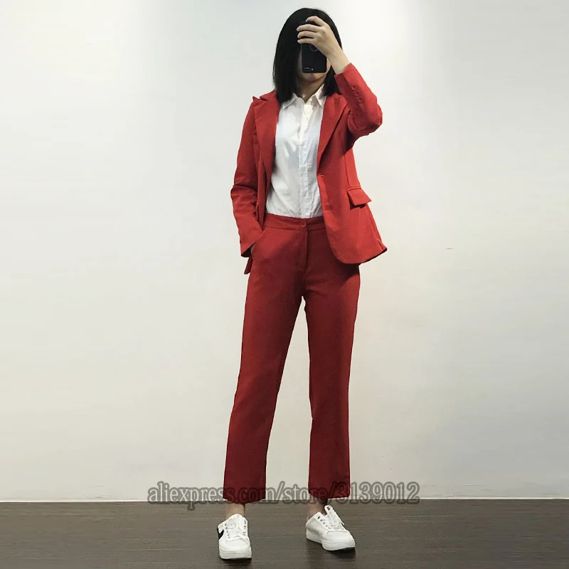 Красные женские костюмы офисный Блейзер комплект Garnitur Damski Traje Mujer костюм Tailleur Femme Pantalon Et Veste элегантные Брючные костюмы для женщин