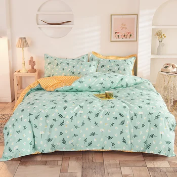 

Refreshing White flowers duvet cover + flat sheet + pillowcase set Modern Style Bedding Sets Polyester