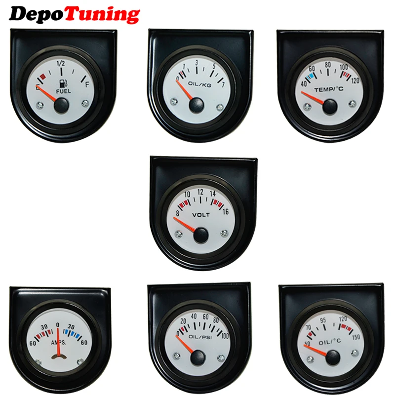 

2" 52mm White Face Water temp/ Oil temp /Oil press psi/ Oil press kg /Volt /Ammeter /Fuel level (without float) +Gauge Holder