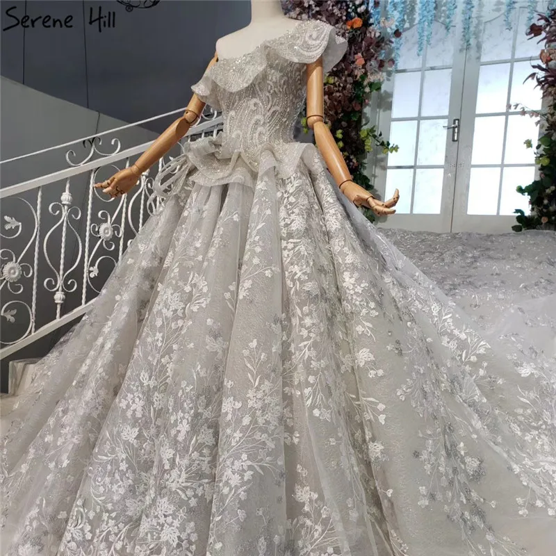 Grey One Shoulder Luxury Sexy Wedding Dresses Beading Sequined Bow Glitter Bridal Gowns HX0001 Custom Made