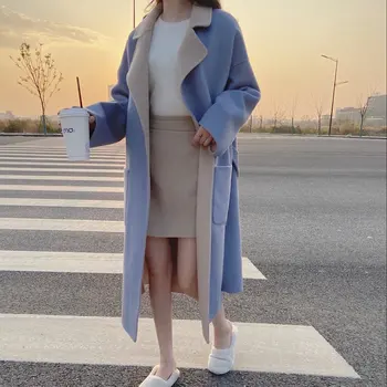 

Two-Sided Bathrobe Style Cashmere Coat With Sashes Autumn And Winter Loose Turn-down Collar Long Coat