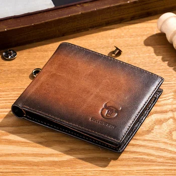 

2020 New BULLCAPTAIN RFID Men's Leather Pocket Anti-Theft Brush Wallet Double Ultra-Thin Short Wallet Multi-Card Position ID Bag