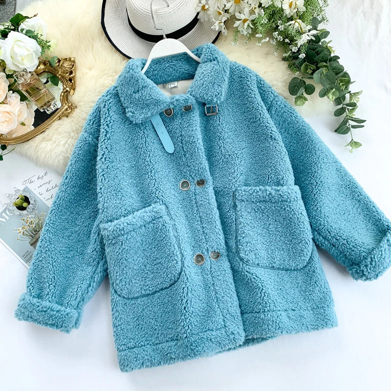 Winter Women Fashion Loose Long Sleeve Velvet Oversize Coat Female Casual Fur Grass Large Pocket Sheep Shearing Coat Outwear