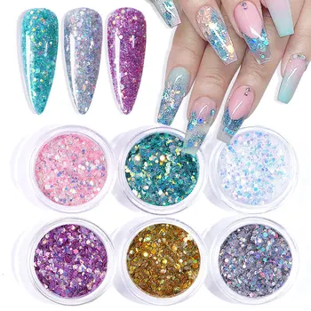 

6pcs/set Nail Glitter Powder 3D Nail Art Decorations Nail Dust Iridescent Sugar Flakes Sequins Gold Silver Super Shining Palette