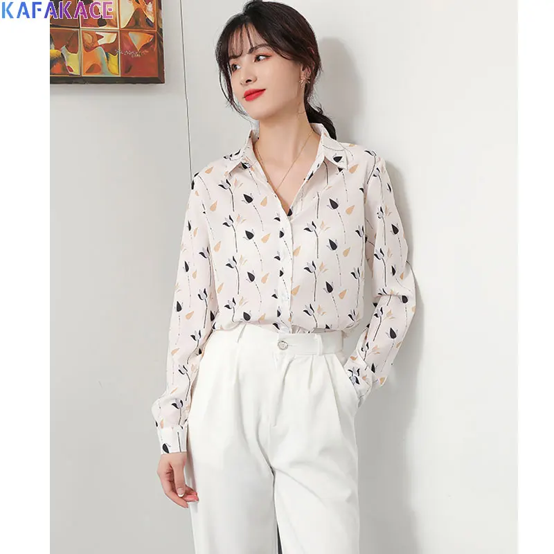 

KAFAKACE 2020 Women Chiffon Blouse Autumn Ladies Tops Flower Printed Blouse Show Thin Casual Spring Korean Style Pink Shirts