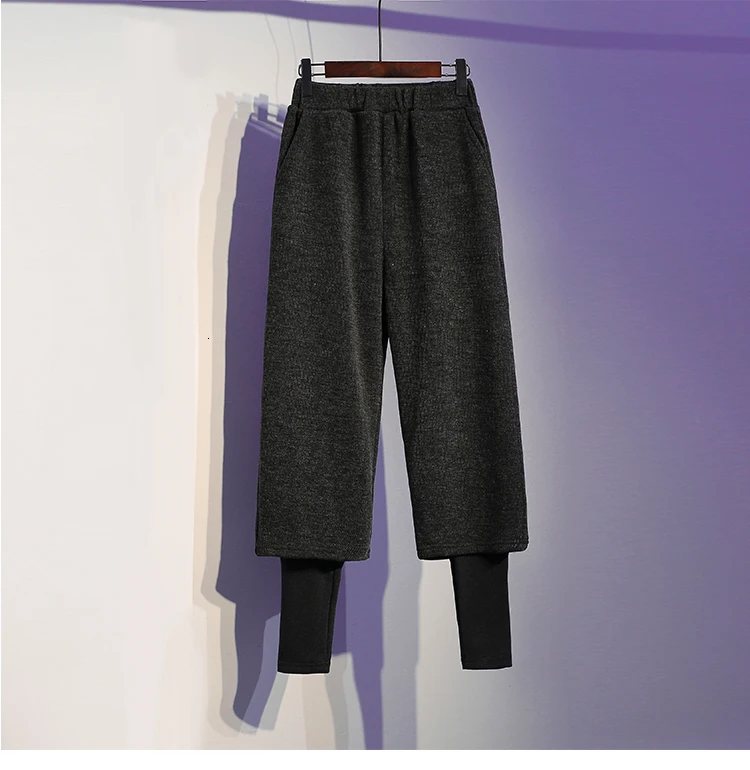 Зимние теплые брюки размера плюс с широкими штанинами поддельные две части черные художественные женские брюки толстые брюки 4XL корейские свободные брюки