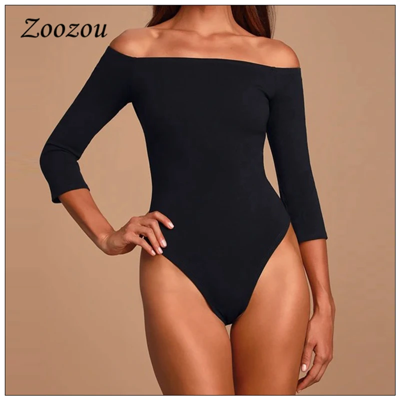 Sexy Off Shoulder 3/4 Sleeve Women Bodysuit Plus Size Bodycon White Black Jumpsuits Autumn Casual Wild Stretch Bodysuit Custom nude bodysuit Bodysuits