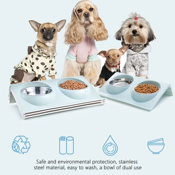 

2020 New Double Bowls Dogs Food Water Feeder on for Dog Cats Pets Supplies Feeding Dishes Splash-proof Stainless Steel Pet Bowl